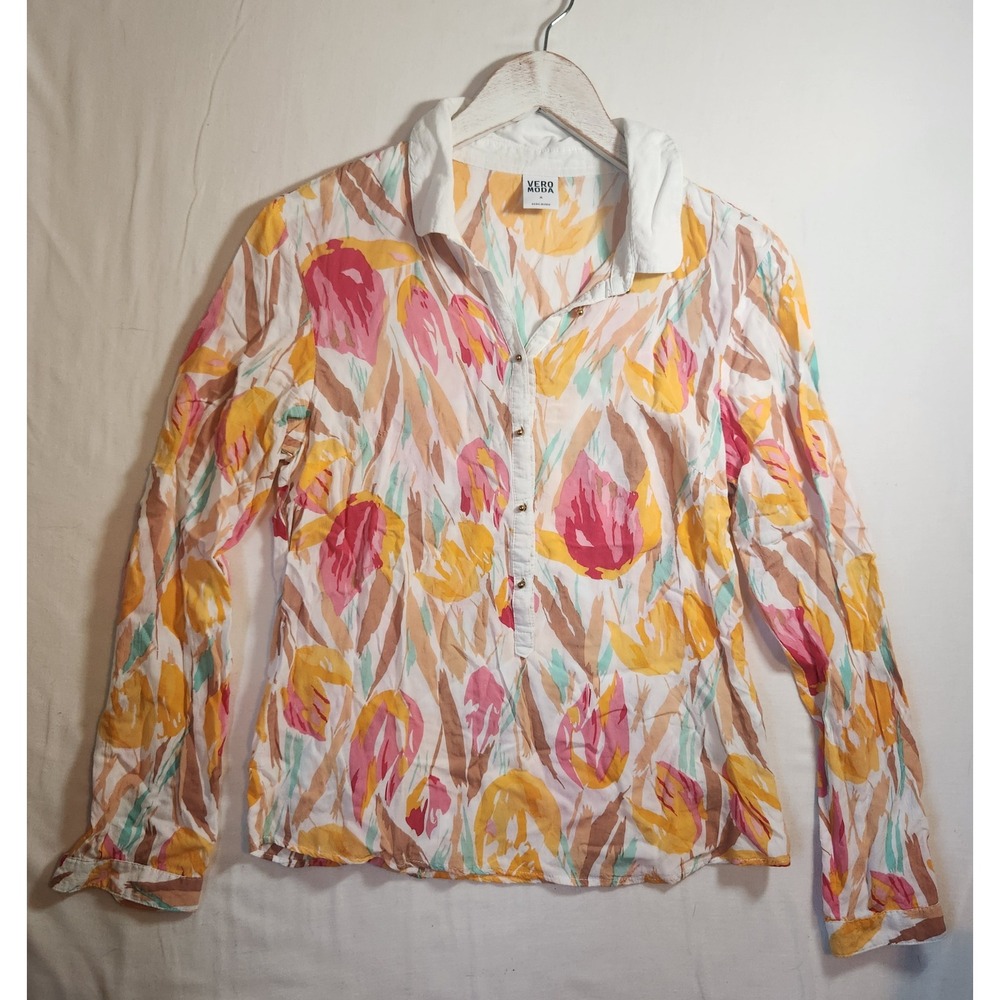 Vero Moda Tulip Katla LS Shirt Mix Floral Long Sleeve Blouse Pink Yellow‎ Medium